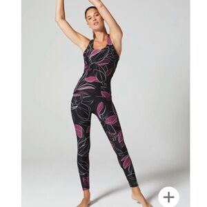 Black & purple magnolia floral leggings tanks set Small silver foil racer back